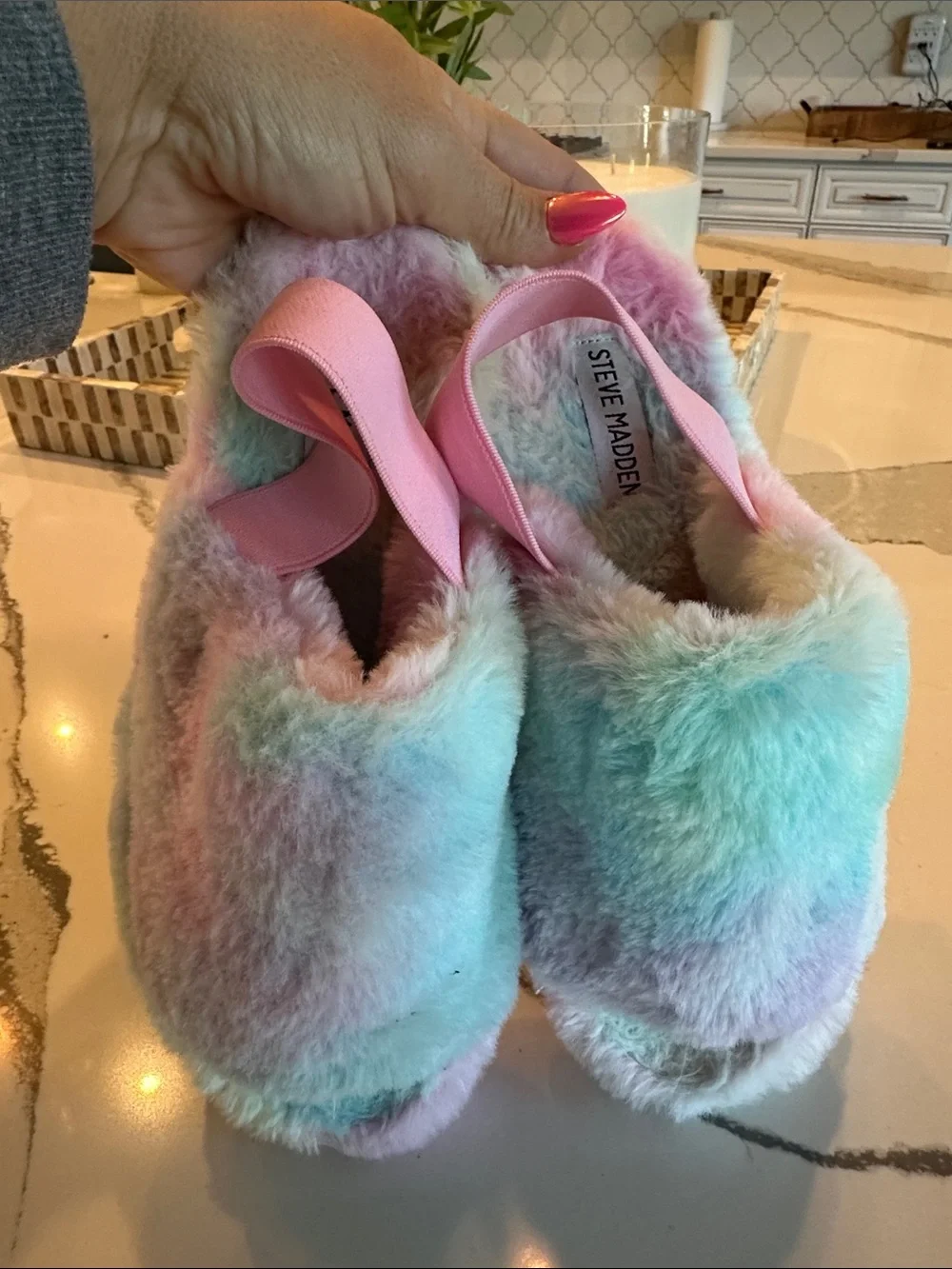 Steve Madden Pastel Rainbow Fuzzy Slip-On Slippers with Pink Heel Strap